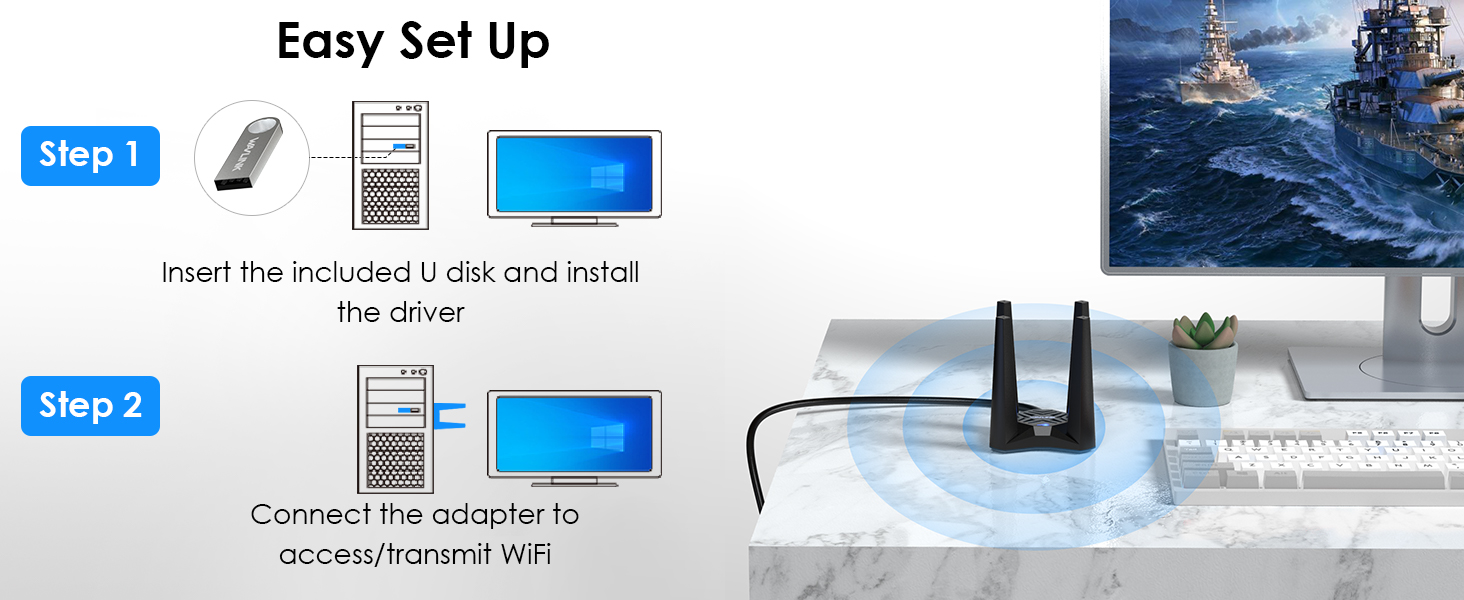  USB WiFi 6 Adapter for PC, AX1800 USB3.0 Wireless WiFi Adapter  for Desktop PC with 5G/2.4G High Gain Antenna, Drive Free 1800Mbps Dual  Band WiFi Dongle, PC WiFi Adapter Only Support