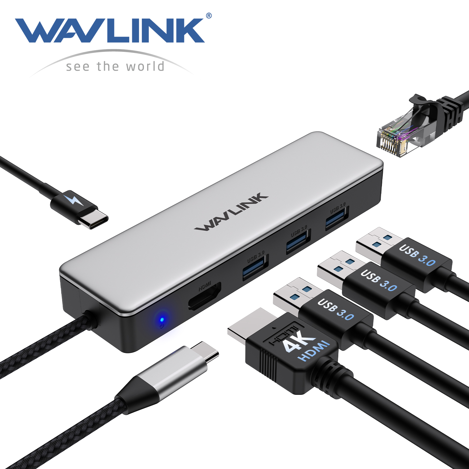 WAVLINK USB C Hub, 6-in-1 USB C Adapter for MacBook Pro/Air/Thunderbolt 3/Type C Devices, with 4K@30Hz HDMI, 3 USB 3.0, Gigabit Ethernet, 100W Power Delivery for Windows and Mac