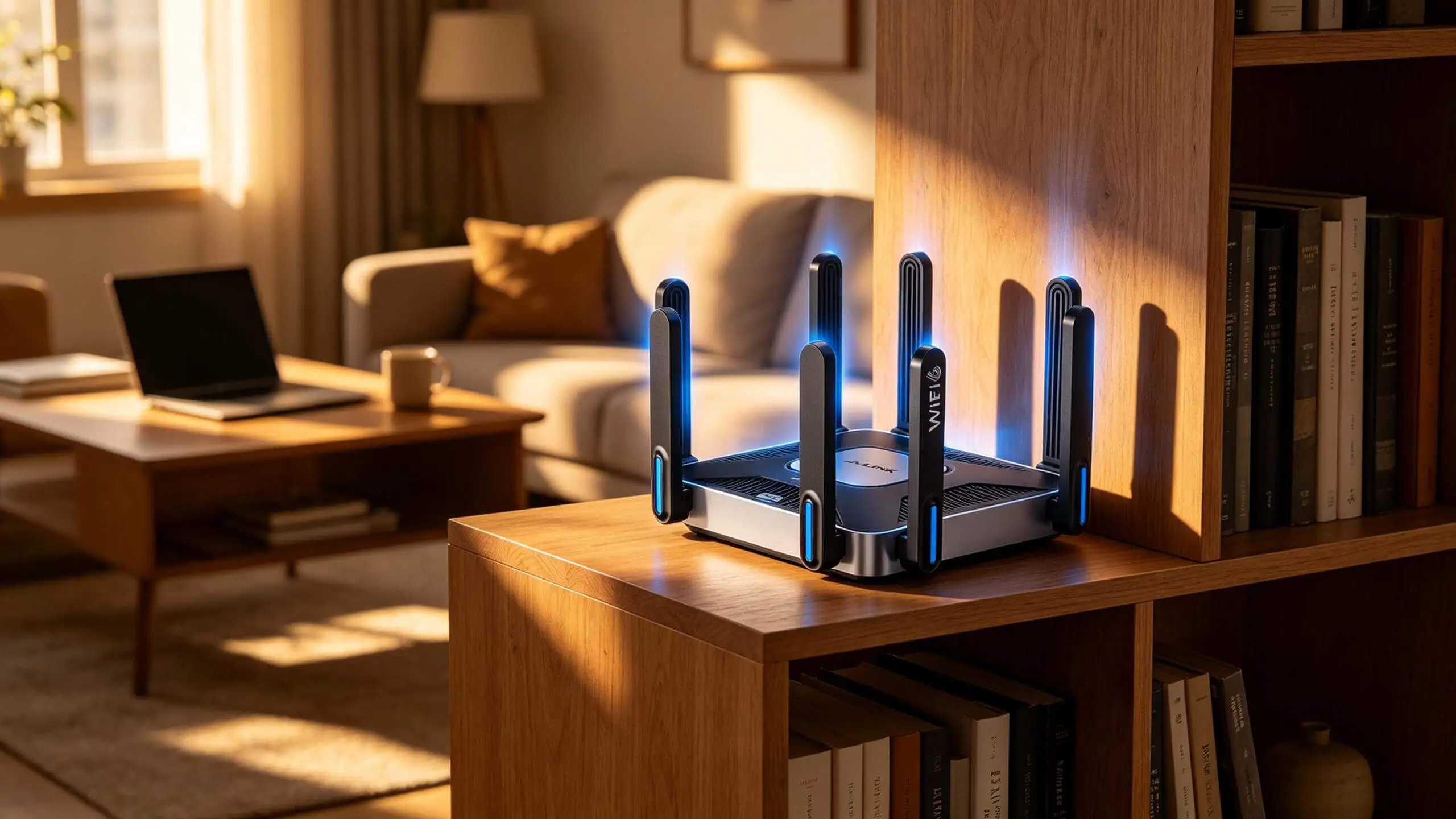  Optimal WiFi router placement &mdash; centered on a wooden bookshelf at eye level in a warm modern
  living room, away from a fish tank and electronics that cause signal interference