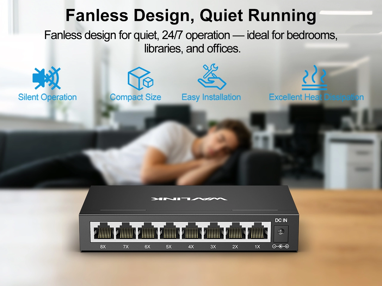 Fanless silent design no noise 8 port gigabit switch