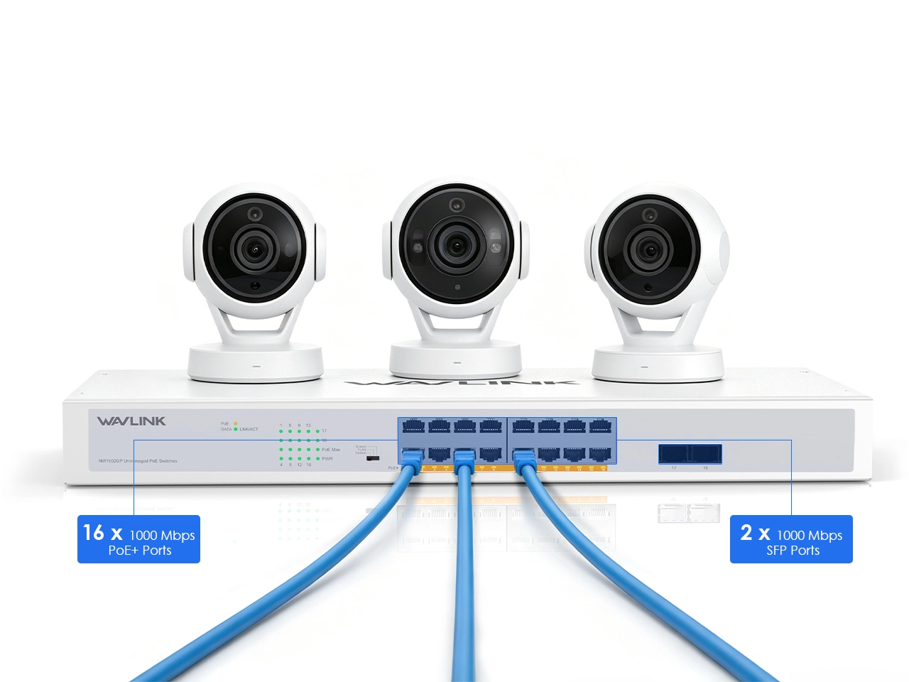 16 PoE+ downlink ports plus 2 gigabit uplink ports diagram