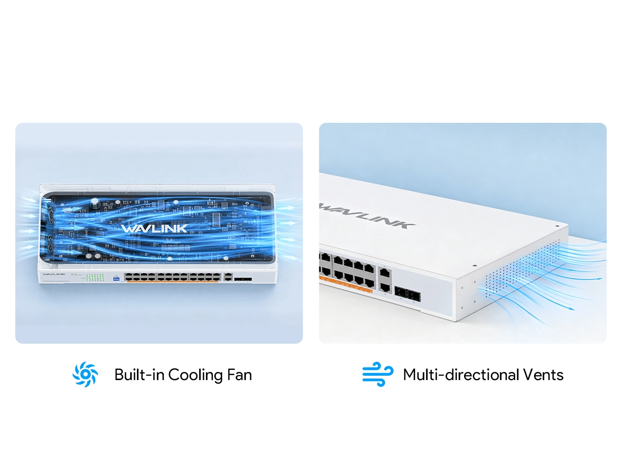 Built-in fan plus multi-side vents heat dissipation structure